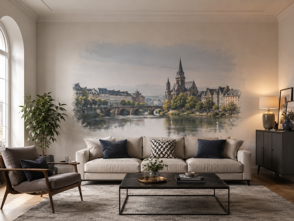Mur principal aménagé avec décoration murale sur mesure dans un intérieur à Thionville