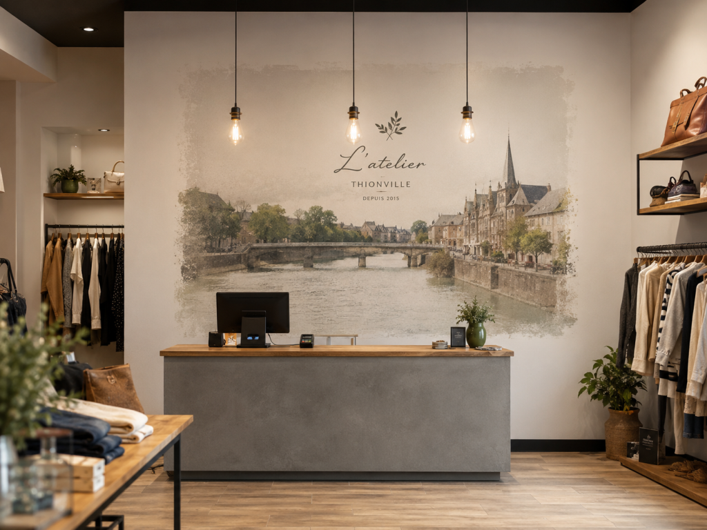 Aménagement intérieur de commerce à Thionville avec décor mural personnalisé