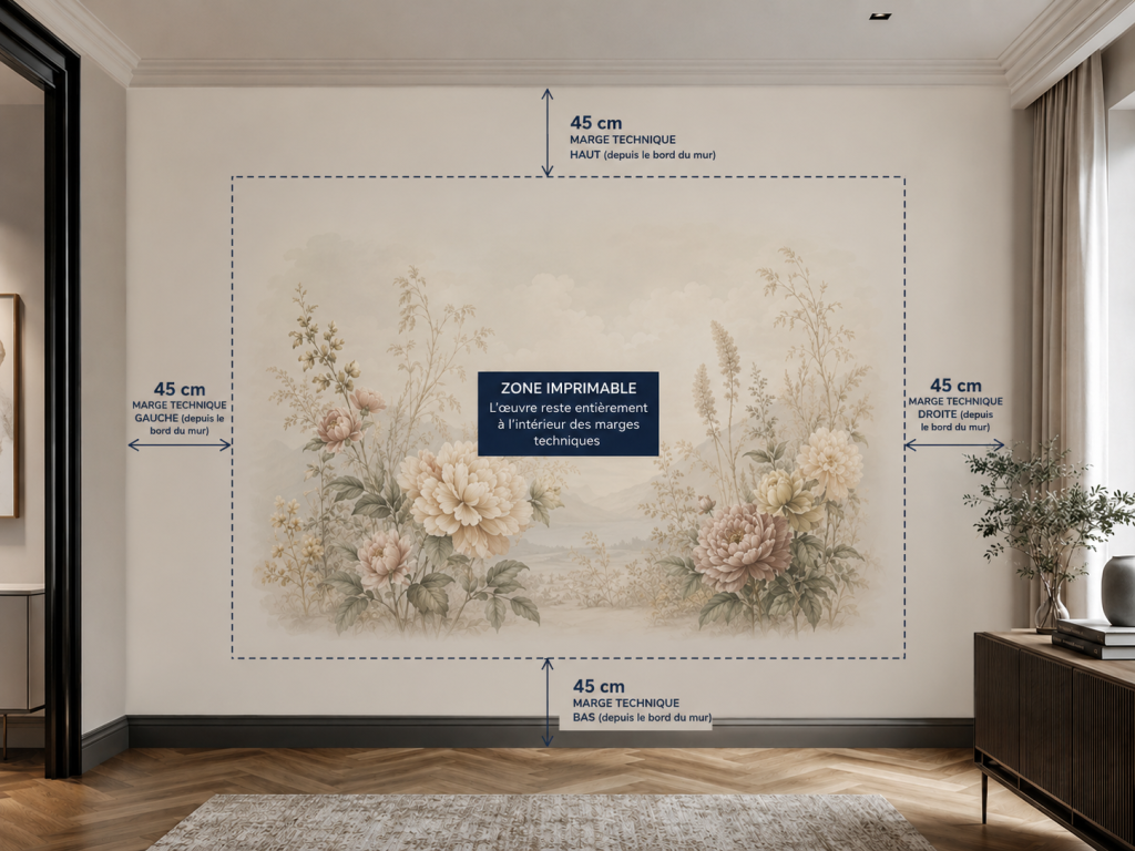 Aménagement intérieur avec zone imprimable et marges techniques de 45 cm autour du mur