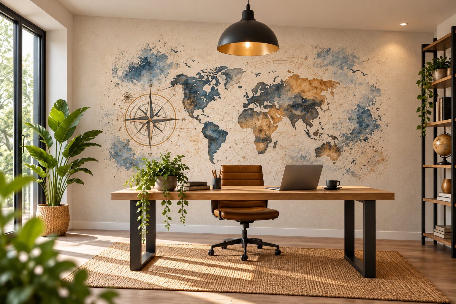 Décoration murale de bureau avec carte du monde aquarelle fondue dans le mur